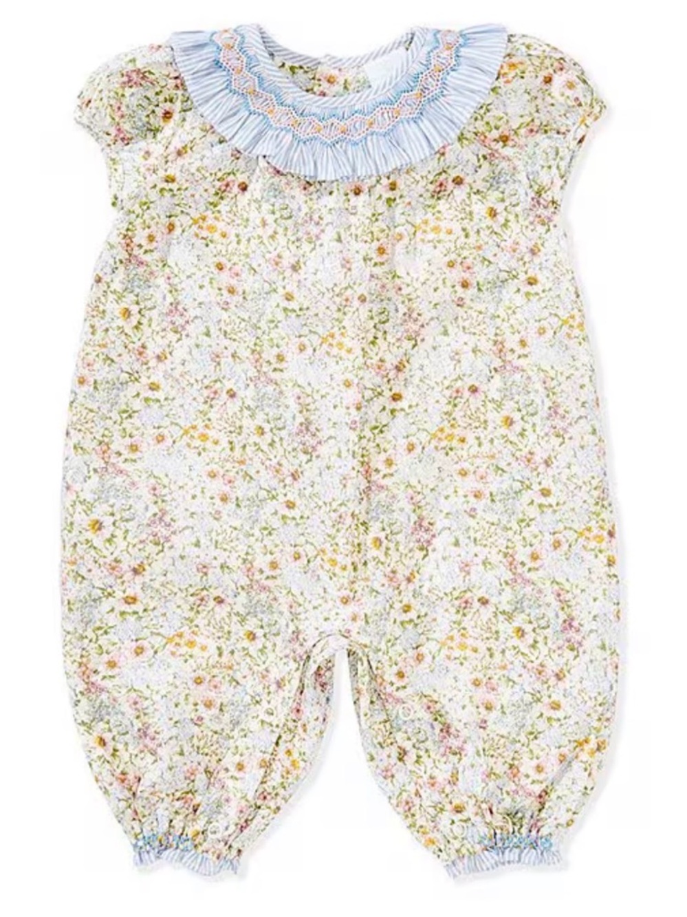 Edgehill Collection Baby Girl Floral Longall Romper Blue Trim